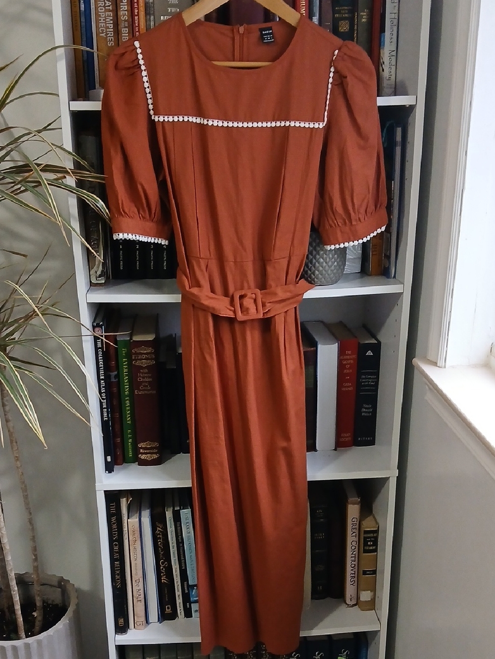 SheIn Vintage Inspired Prairie Rust Belted Midi Dress with Puff Sleeves As Is